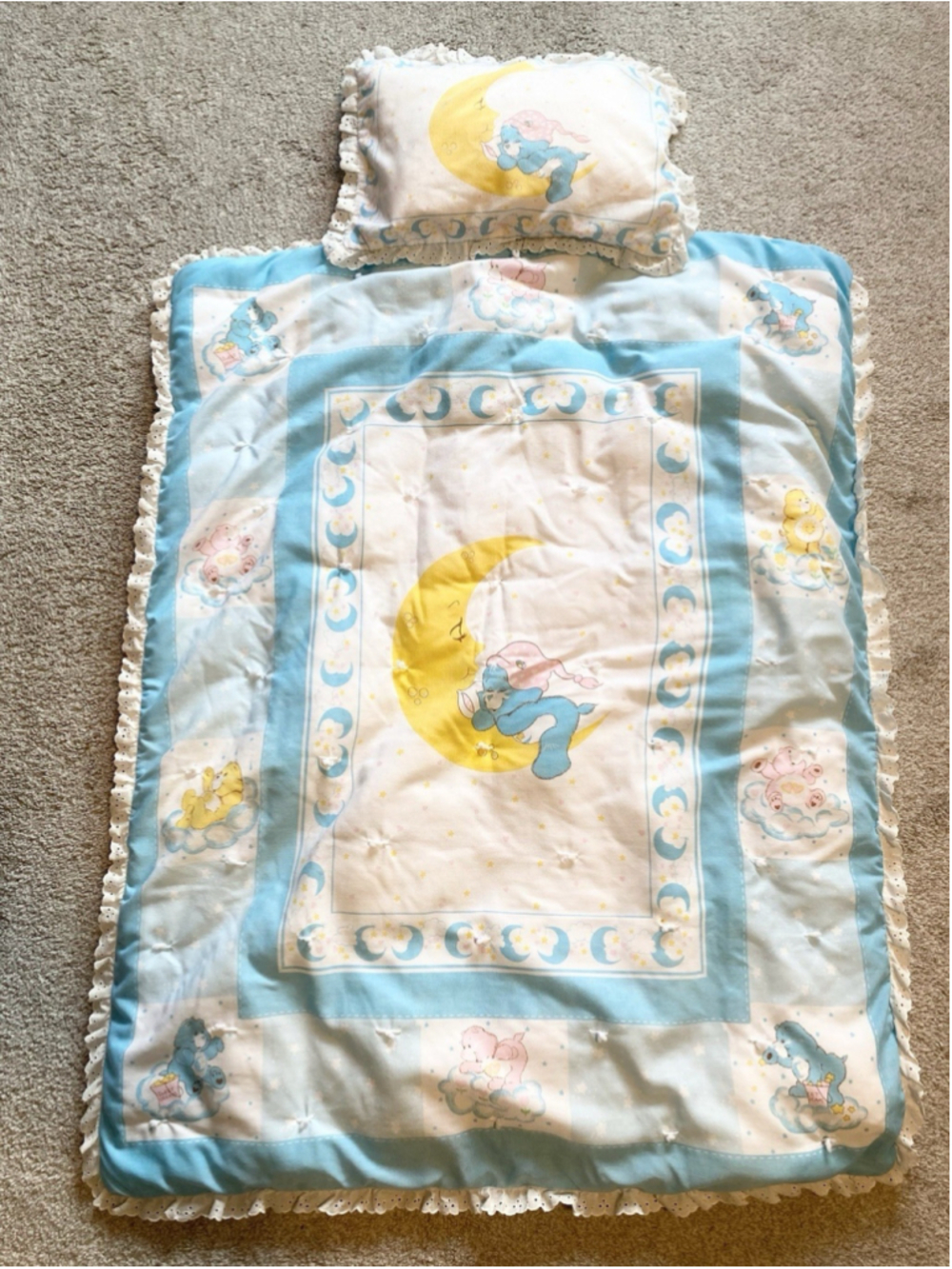 Vintage 1980s Care Bears Baby Quilt Pillow Set Handmade Bedtime Bear 31” x 42”